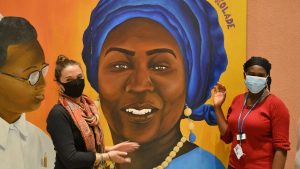 Royal University Hospital Bath Mural. The colourful mural celebrates African women's contribution to healthcare.